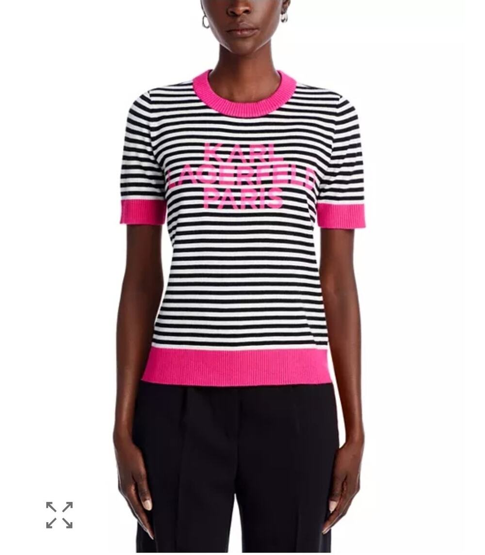 Karl Lagerfeld Paris Stripe Logo Short Sleeve Knit Sweater Pink Trim Size Small